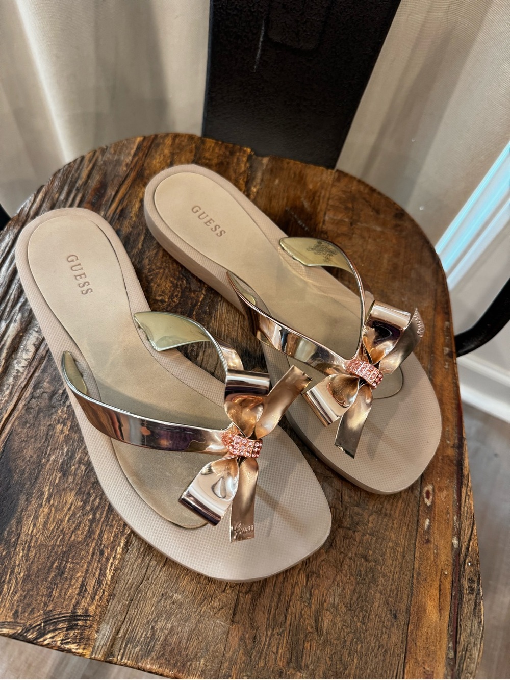 GUESS Rose Gold Bow Flip Flop Sandals with Crystal Accent